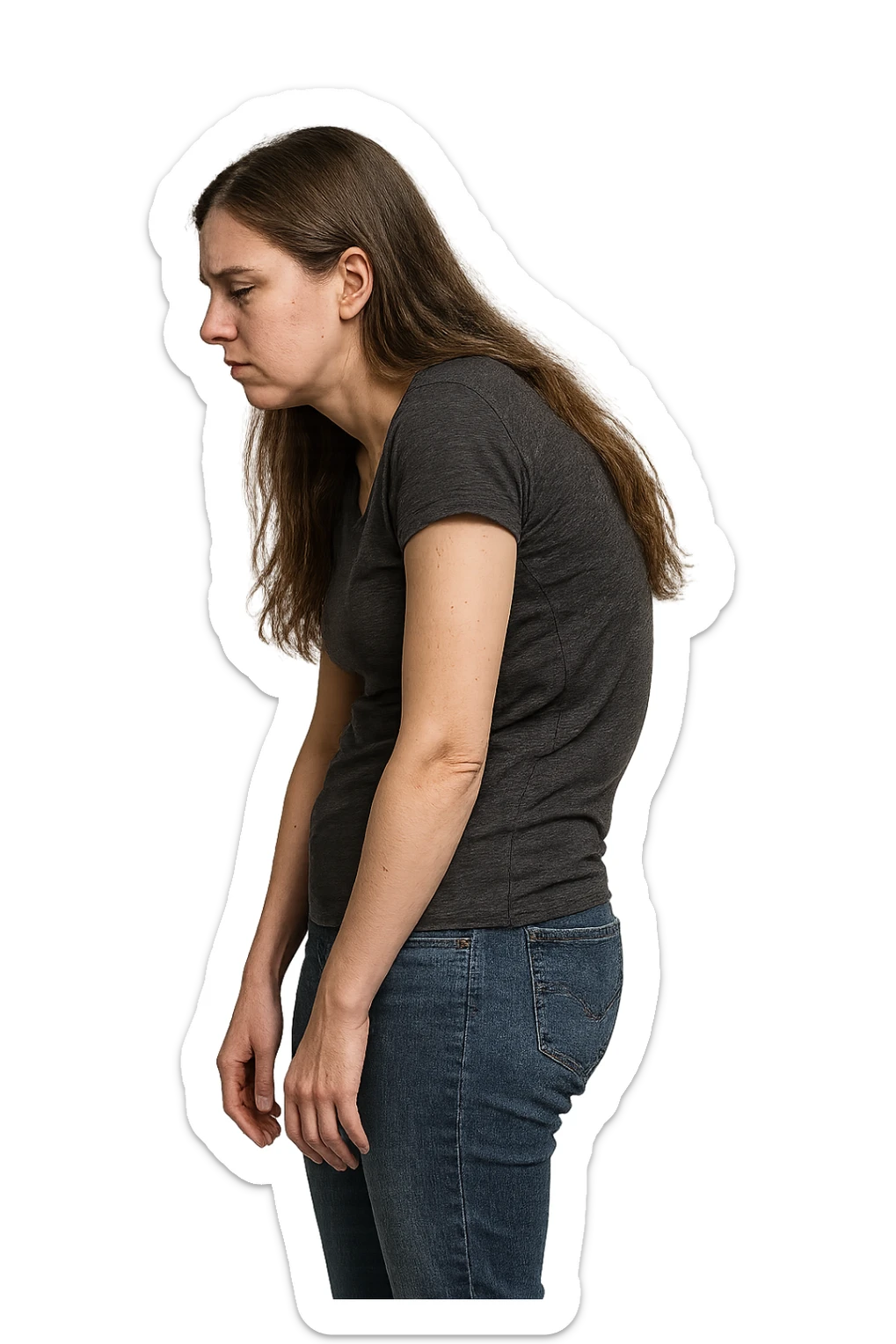 fai immagine identica ma di una donna con capelli lunghi, iperrealistico 4k, postura storta con spina dorsale storta sticker