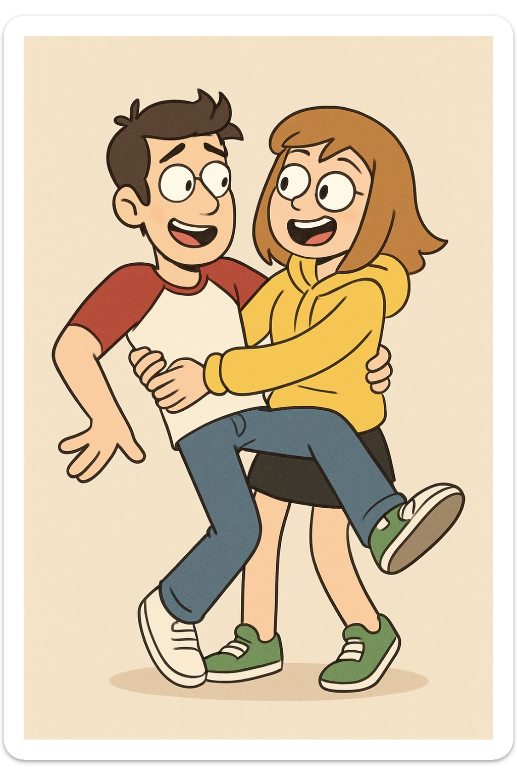 A man Raglan sleeves with Red t-shirts blue jeans white shoes carried by a cute a girl yellow hoodie black skirt green shoe  sticker