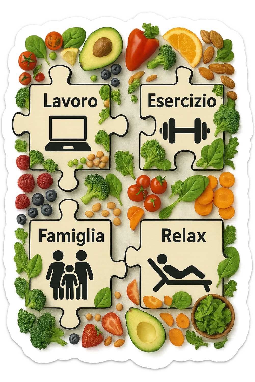 Puzzle (Lavoro, Esercizio, Famiglia, Relax), in lavoro metti icona di un PC, in Esercizio un Manubrio, in Famiglia una famiglia, in Relax qualcuno che riposa and healthy foods are integrated into each piece. in italiano sticker