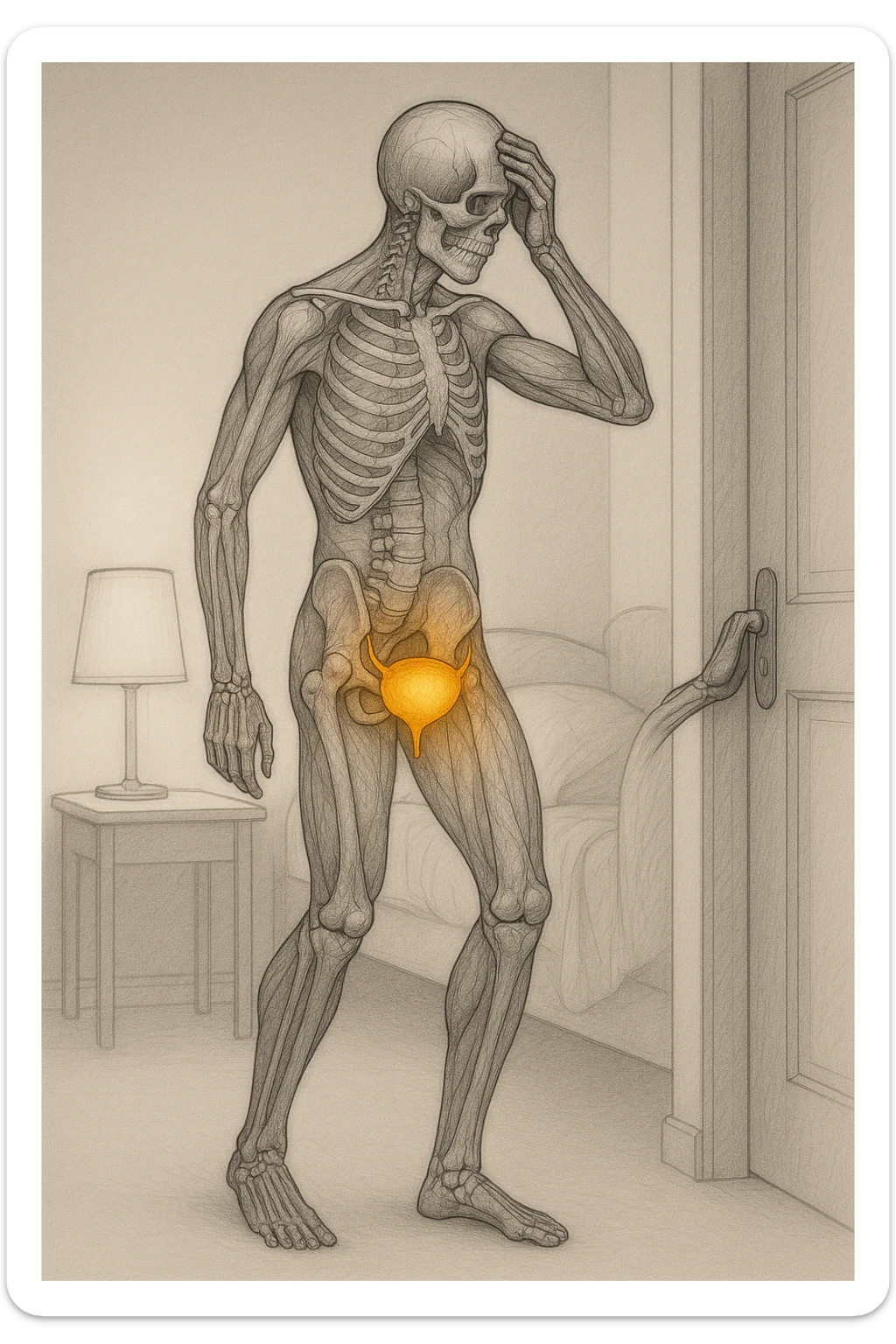 CORPO UMANO ANATOMICO CHE SI SVEGLIA LA NOTTE PER SVUOTARE LA VESCICA, VESCICA ANATOMICA IN EVIDENZA, SFONDO CHIARO NEUTRO sticker