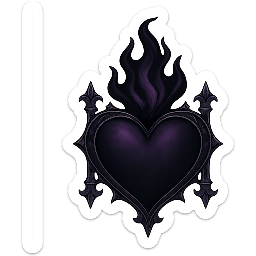 gothic style heart with a dark flame, black and purple colors, transparent background sticker