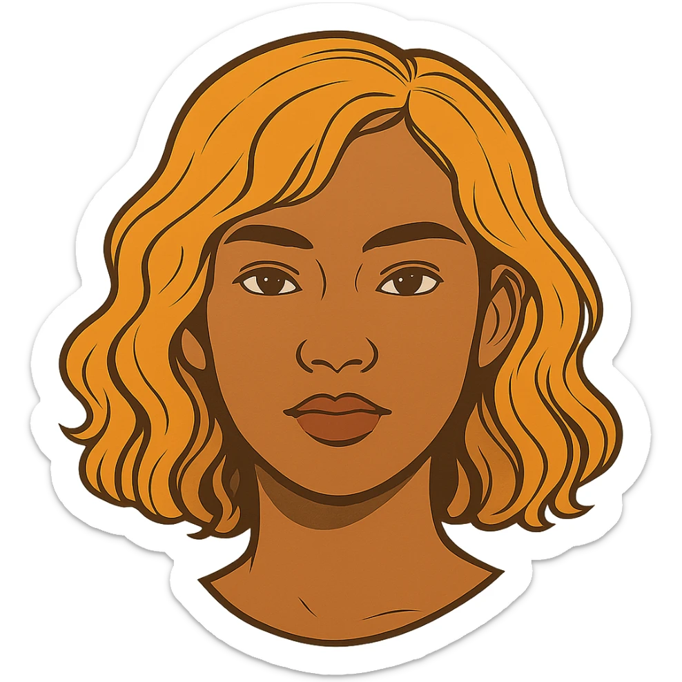 human girl head, medium tanned skin, wavy shoulder-length orangish yellow hair, style 1 sticker