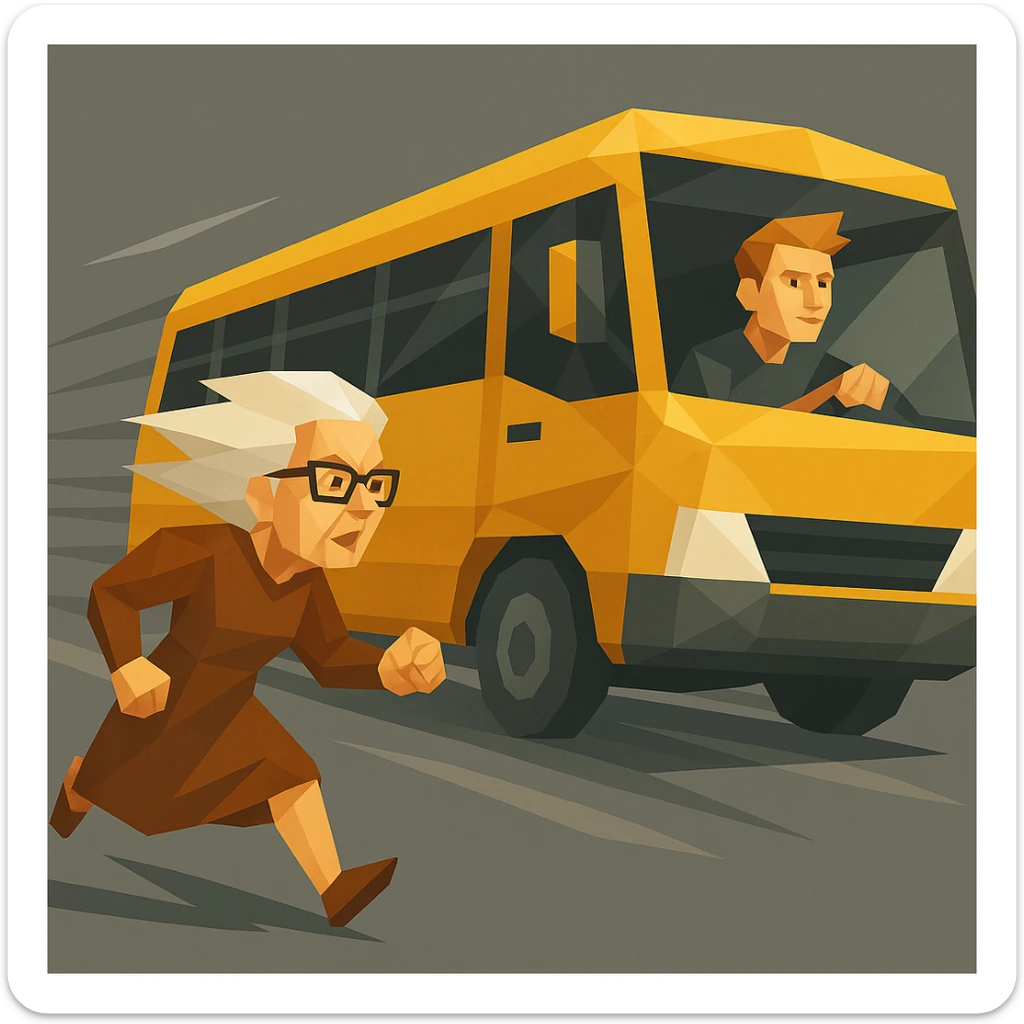 old lady should run to reach the bus, the driver is man under 30 with orange hair sticker