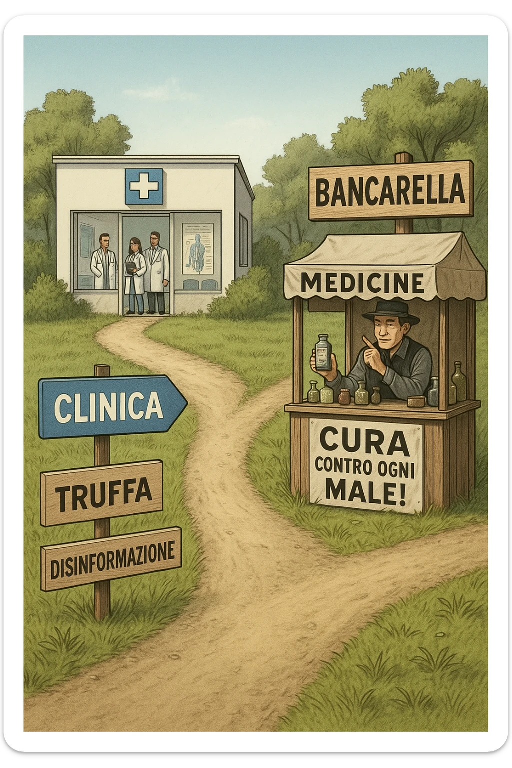 two paths diverge—one leads to a trustworthy clinic with doctors and scientific posters, the other to a shady stand selling “miracle” medicines with exaggerated claims. Signs along the second path warn of scams and misinformation. The scene encourages viewers to choose reliable, science-based healthcare. in italiano sticker