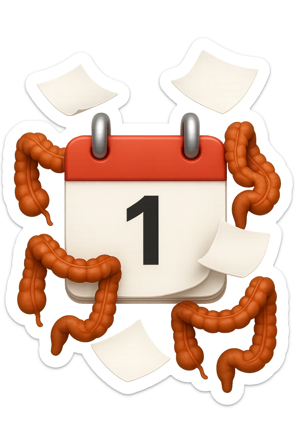 emoji stile iphone di un calendario con fogli che volano insieme a pezzi anatomici di colon umano, iperrealistico 4k, isolato su sfondo bianco sticker