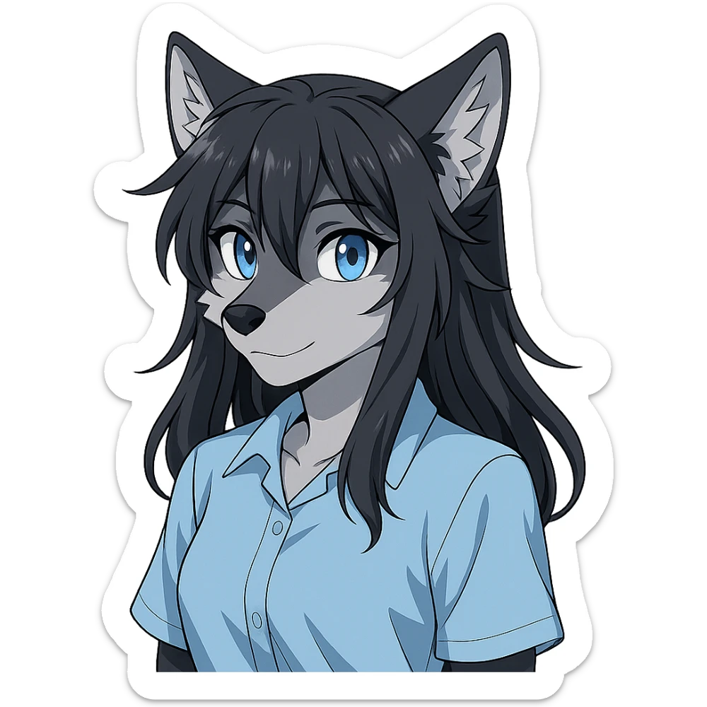 anime style wolf furry character with blue eyes, long black hair, wearing a light blue shirt sticker