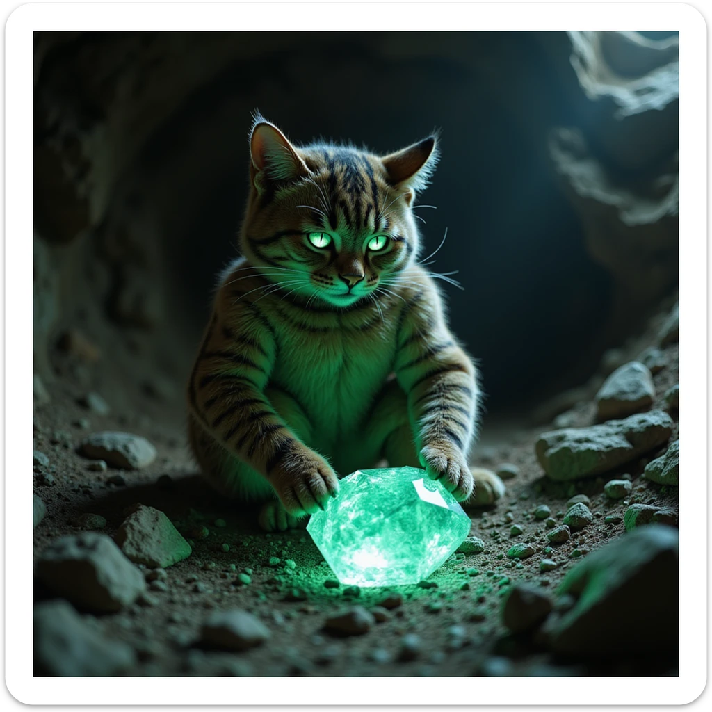 photorealistic scene of a miner dressed in a detailed lifelike cat costume discovering a huge emerald at y -255 underground, dramatic natural shadows and textures, realistic rock and gem textures, realistic underground environment, dramatic underground lighting sticker