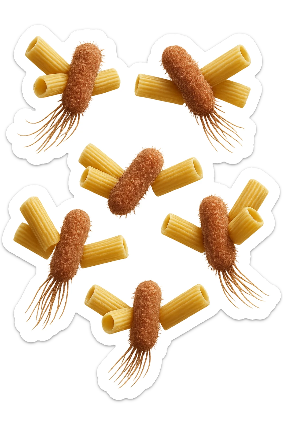 SEI BATTERI intestinALI FLUTTUANO IN ARIA CON PENNE DI PASTA RIGATE, IPERREALISTICO 4K sticker