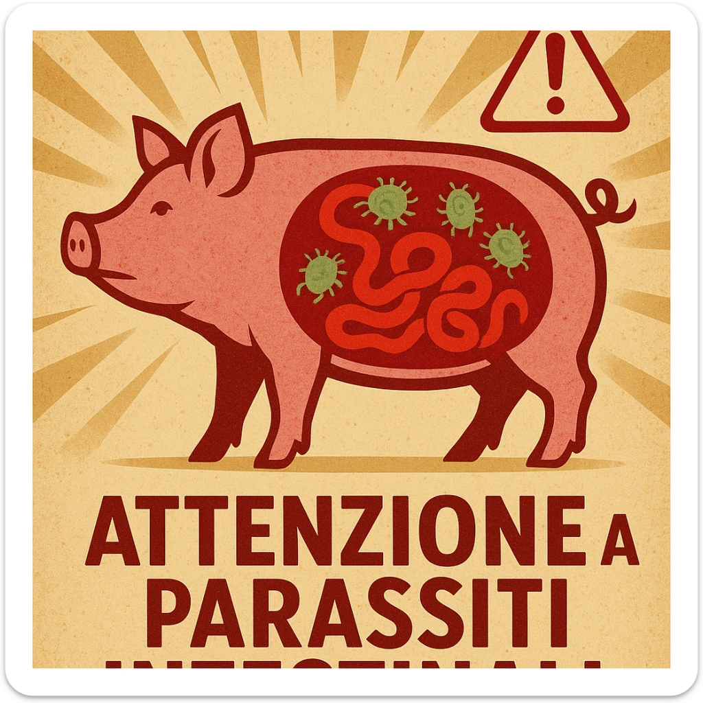 symbolic scene stylized pig with highlighted intestine and presence of parasites health alert atmosphere italian text 'Attenzione ai parassiti intestinali' 4K quality sticker
