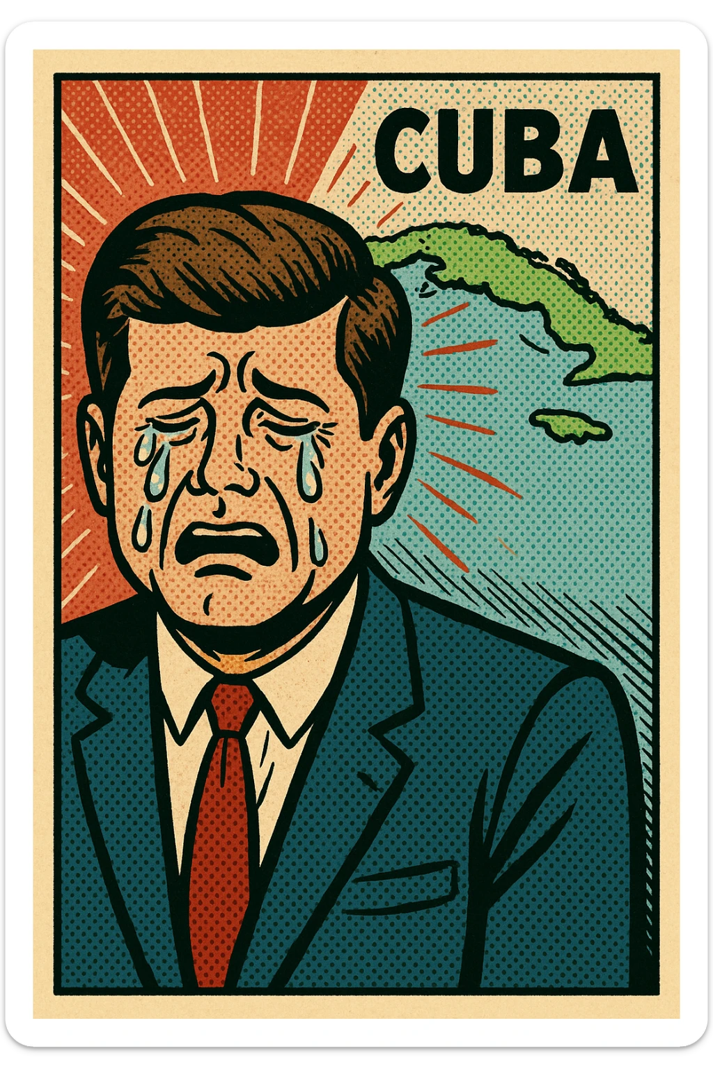 A very sad President Kennedy crying with a map of Cuba behind him sticker