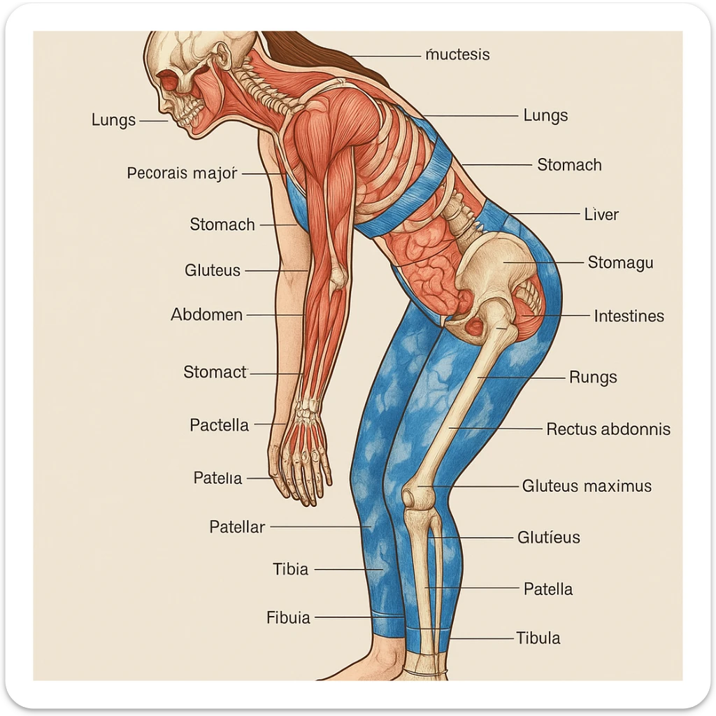 Anatomical version of the girl, identical posture to the photo, showing muscles, bones, and main organs, maintaining the silhouette and original details. Medical illustrative style. sticker