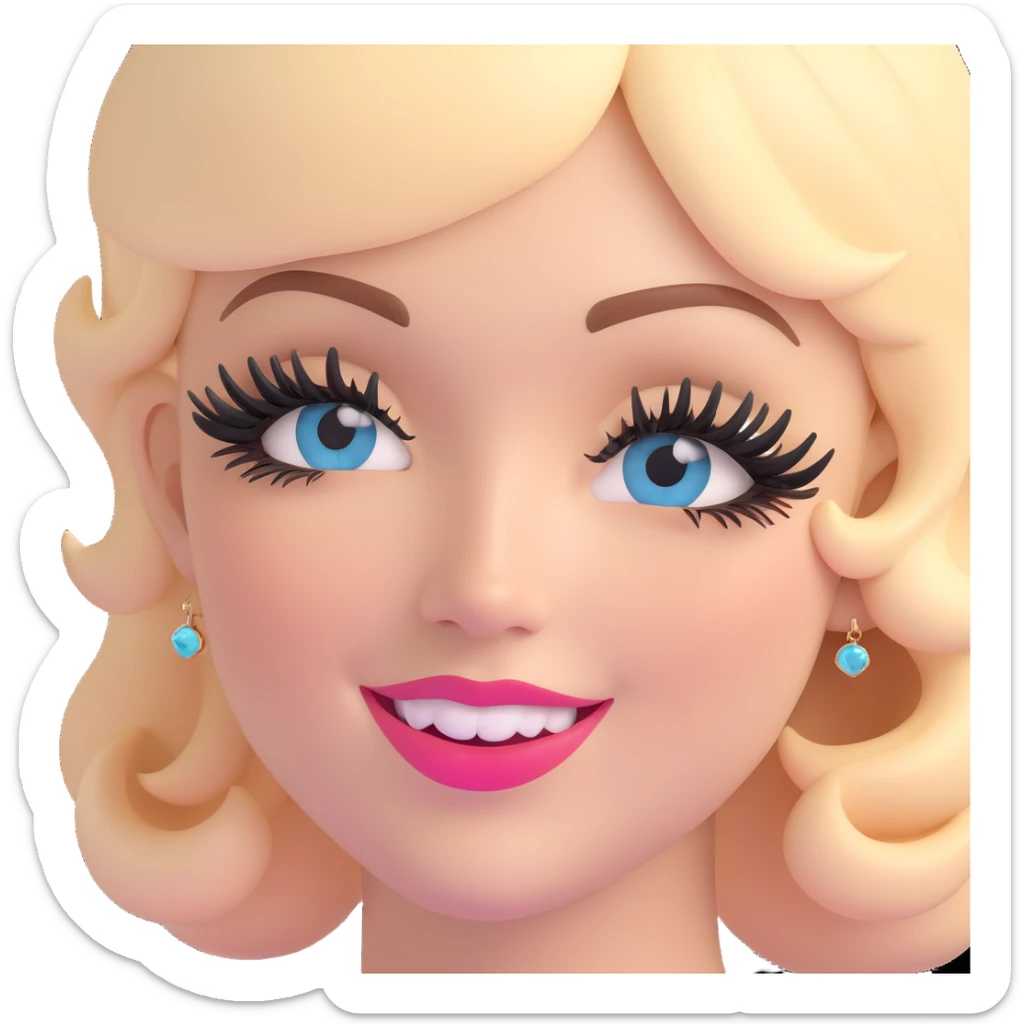 3D emoji of a smiling, feminine face with big eyelashes, no body, colorful and friendly, romantic style, with feminine accessories, motif: kiss, transparent background sticker