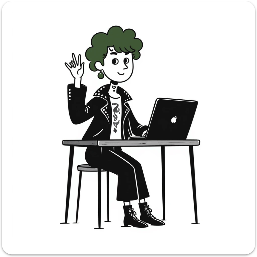 Alternative rocker girl with green and black hair, nose ring, neck tattoo, wearing combat boots and studded leather jacket, confidently raising hand while sitting at desk with laptop in music class sticker