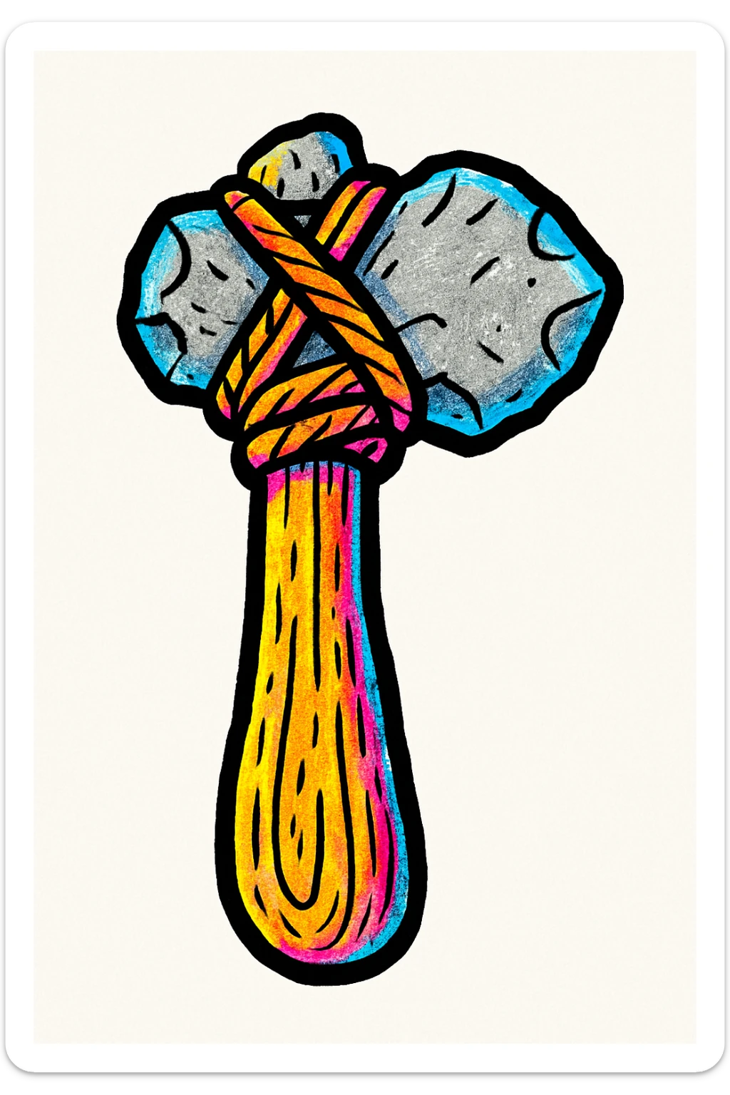 conpep-style cartoon illustration of a Stone Age hand axe, centered on a clean white background. The axe has a sturdy wooden handle with visible texture, tightly wrapped with thick rope binding a roughly shaped gray stone blade securely at the top. The stone is gray with natural irregularities, and the wood is light brown with grain details. Soft shadows and glossy highlights create a polished, three-dimensional emoji-like appearance. The overall style is clean, primitive, and sturdy. sticker