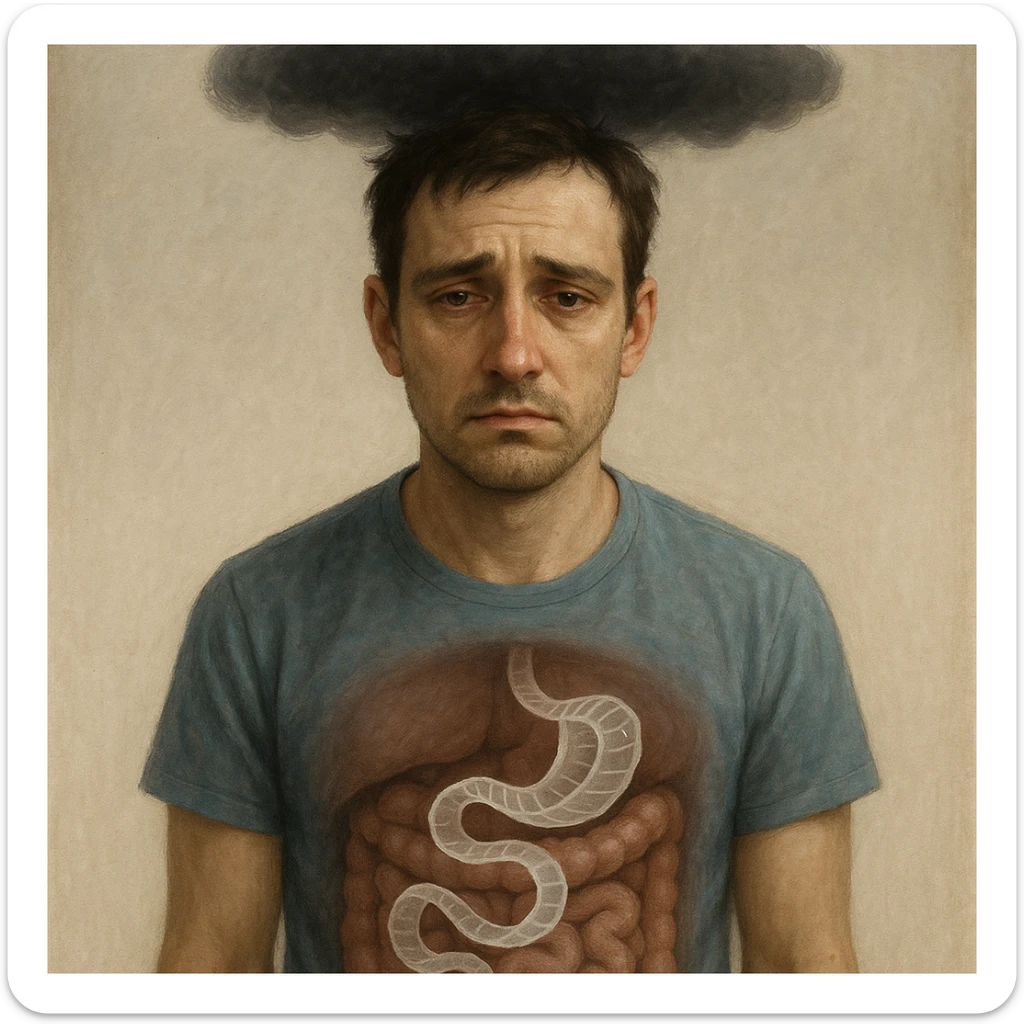 close-up of man with sad eyes, transparent tapeworm in intestine and dark cloud above head, symbol of depression, neutral background, 4K quality sticker
