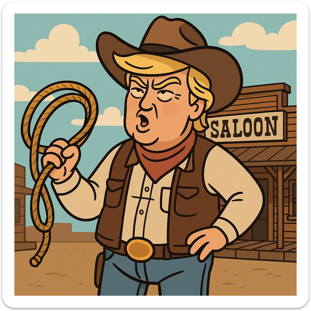 Donald Trump in cowboy attire, holding a lasso, standing in front of a saloon, cartoon style, expressive face sticker