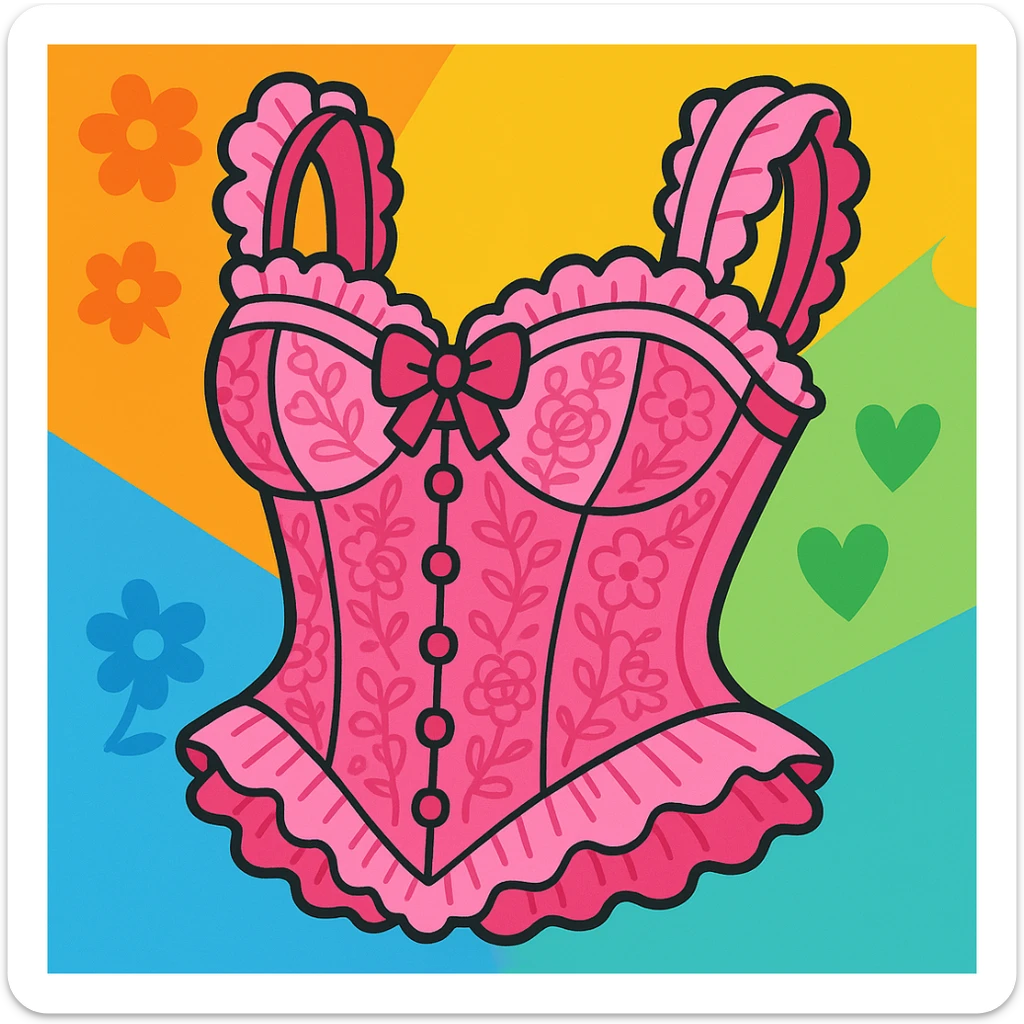 a pink lacey coquette corset, elegant and romantic, with frills and floral lace, vibrant toon style sticker