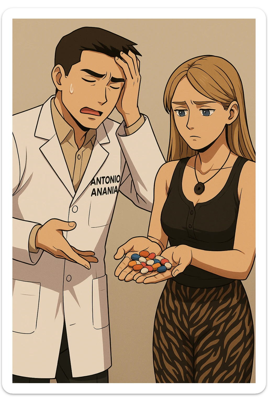 fai un webtoon/manga a colori con questo kinesiologo in camice bianco (fagli la scritta "ANTONIO ANANIA" SUL CAMICE) CHE PARLA CON QUESTA RAGAZZA CON GLI OCCHI AZZURRI. LA RAGAZZA HA UN PUGNO DI INTEGRATORI IN MANO (TANTE PILLOLE DIVERSE) E LE GUARDA DUBBIOSA. IL KINESIOLOGO CON IL CAMICE BIANCO SI TIENE UNA MANO SULLA FRONTE SCONFORTATO MENTRE LE DICE CHE STA SBAGLIANDO A PRENDERE TUTTI QUEGLI INTEGRATORI. NON FARE I FUMETTI, FAI SOLO LORO COME SE DIALOGASSERO sticker