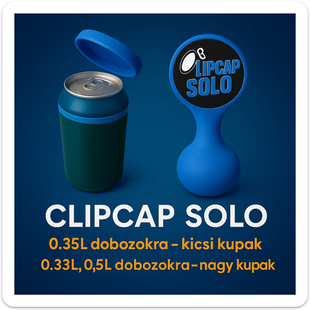 A kupakokat színezd át kékre. A CLIPCAP DUO felírat helyett CLIPCAP SOLO felírat legyen, a "kicsi és nagy kupak a csomagban" szöveg helyett "0.25L dobozokra - kicsi kupak" és a "0.33L,0.5L dobozokra - nagy kupak" külön sorban. sticker