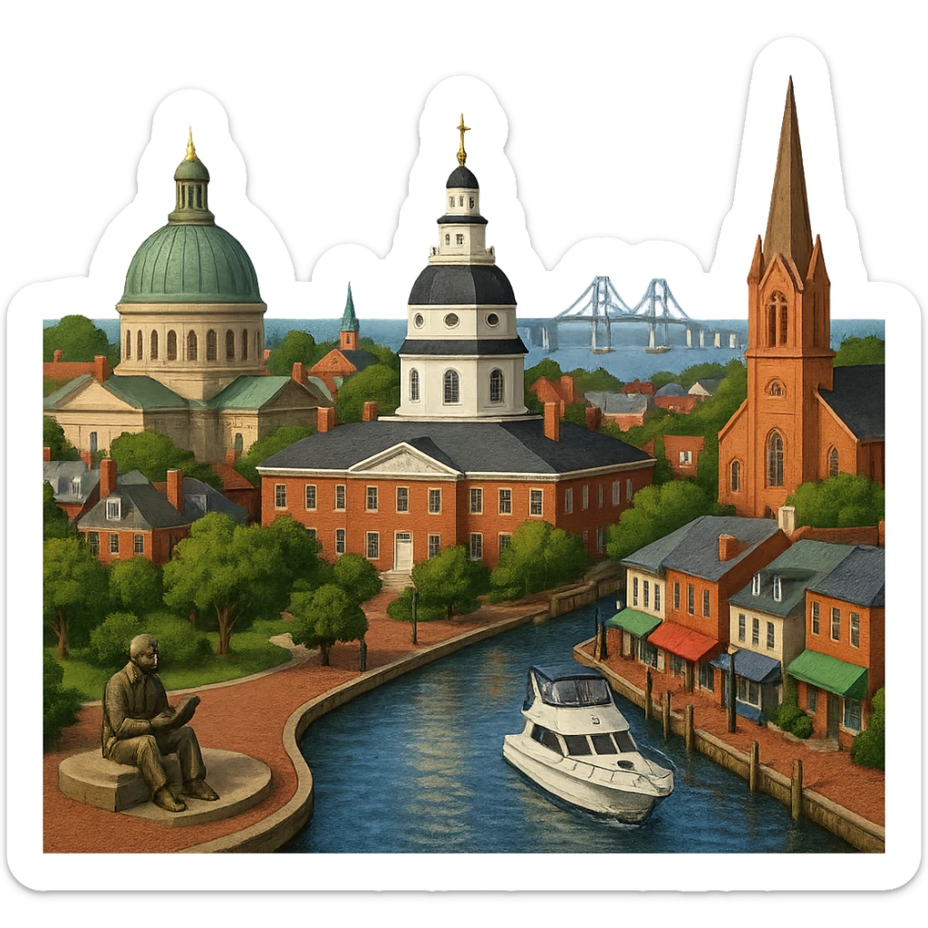 cinematic realistic emoji of Annapolis, wide city view with iconic landmarks: Maryland State House, United States Naval Academy Chapel, Ego Alley, St. Anne's Church, Kunta Kinte-Alex Haley Memorial, and the Chesapeake Bay Bridge in the distance. Lifelike detail, accurate colors, bright daytime lighting, no sky, no clouds, no city name label, transparent background sticker
