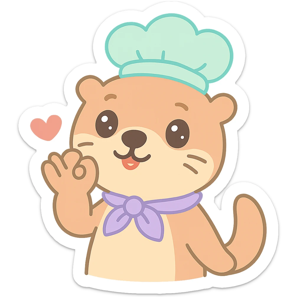 Move the otter's hand closer to its mouth as it does the chef's kiss, keep the red heart and transparent background, kawaii style. sticker