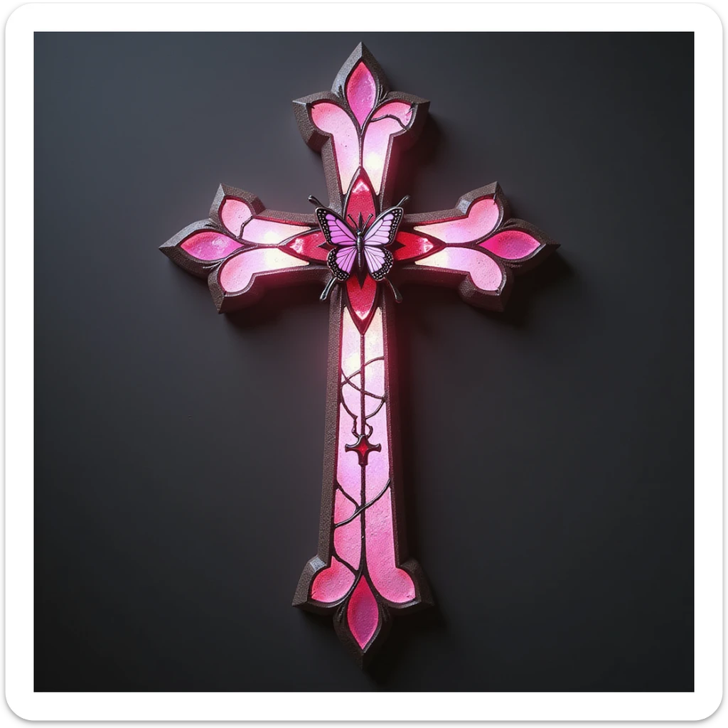 realistic gothic cross, pink with stained glass and butterfly accents, photorealistic style, no background sticker