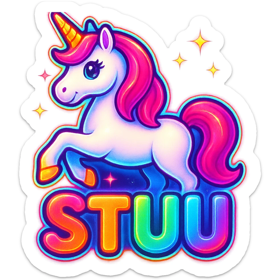 Add a bold neon glow to the 3D block 'STU 🦄' and the cartoon unicorn, with vibrant neon outlines and sparkles, keep the background transparent for Discord. sticker