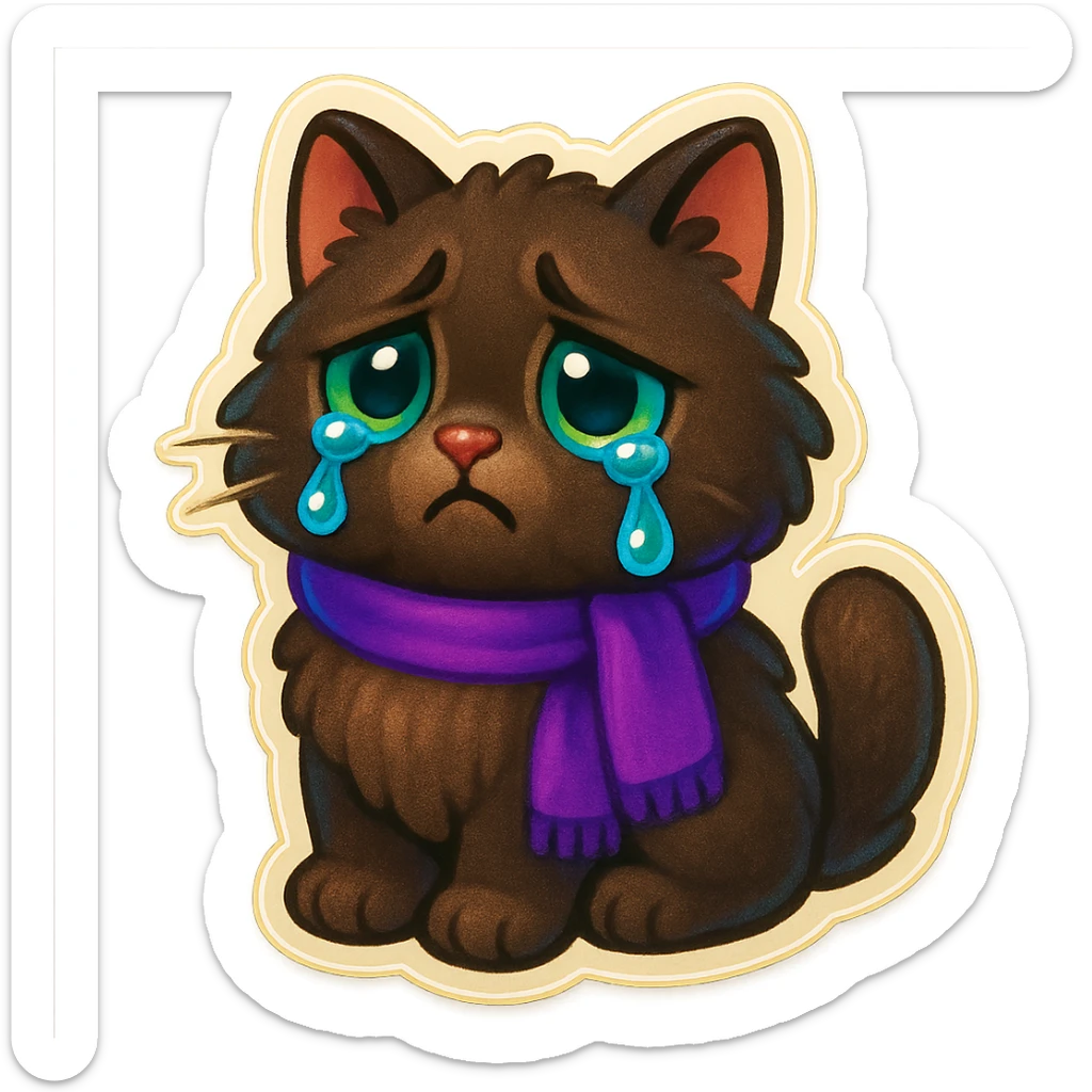 Fluffy sad crying cute dark-brown cat with green eyes and a purple scarf  sticker