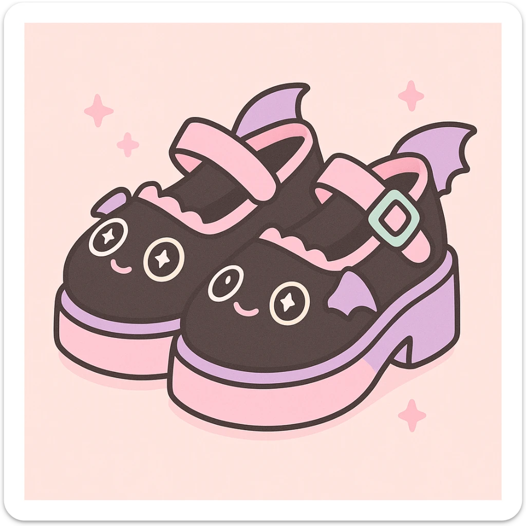 Add pastel pink and pastel purple accents to the BLACKPINK-inspired gothic shoes, keep them cute and stylish, kawaii style, no hearts. sticker