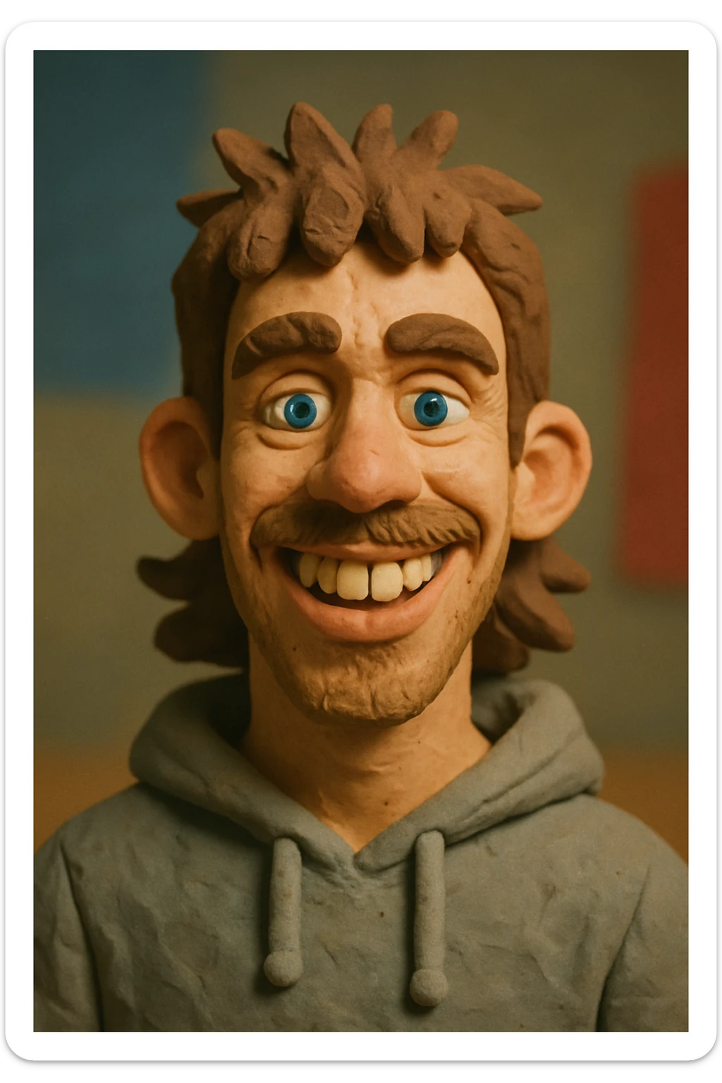 20 year old man, short scruffy beard and thin moustache, brown puffy mullet, blue eyes, big smile, white teeth, big lips, pronounced jaw, hair longer in back, sticking up on top, thin face, grey hooded sweatshirt, blue eyes sticker