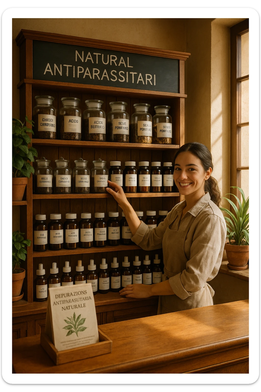 A realistic, well-lit herbal supplement store interior with wooden shelves neatly displaying glass jars and bottles labeled as ‘Chiodi di Garofano’, ‘Acido Butirrico’, and ‘Semi di Pompelmo’, organized in a clean and aesthetic manner. Small handwritten chalkboard signs indicate ‘Natural Antiparasitic Supplements’ above the section. The environment feels warm and trustworthy, with potted green plants adding freshness and a subtle sunlight entering through a window. A young shop assistant with a welcoming smile arranges the products, while informational leaflets about natural parasite cleansing are visible on a wooden counter, creating a holistic and health-conscious atmosphere in Italiano sticker