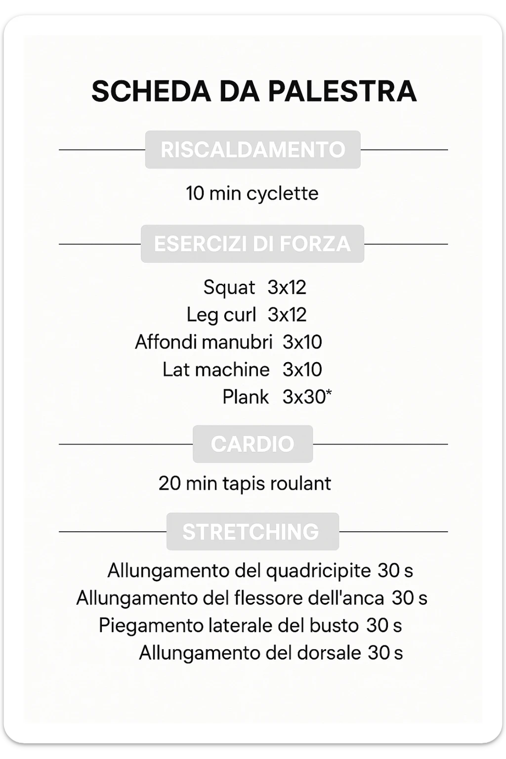 Scheda da palestra su sfondo bianco in italiano specifica per allenamento al femminile sticker