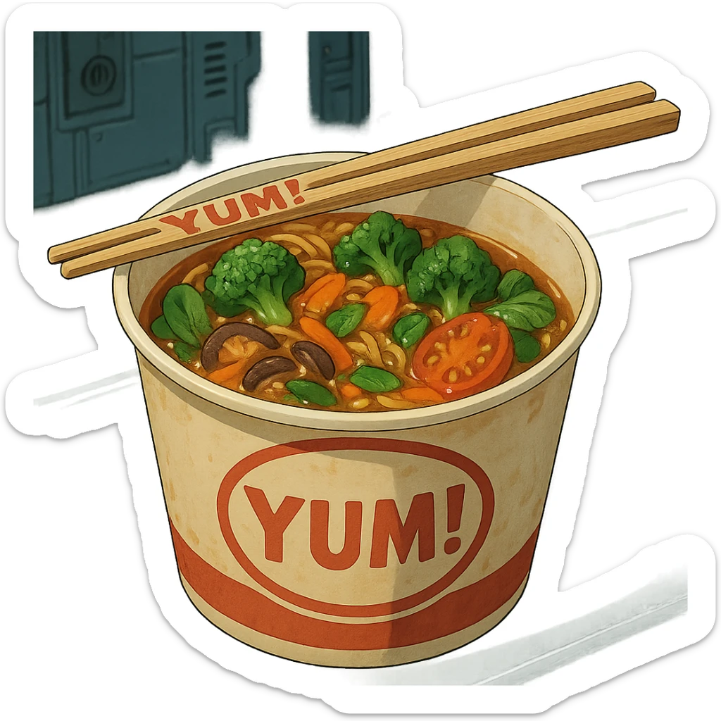 cyberpunk futuristic, scifi, a bowl of delicious veggie , ramen, 1990s, paper cup, classic style branding, with chopsticks, empty background, brand name: YUM! sticker