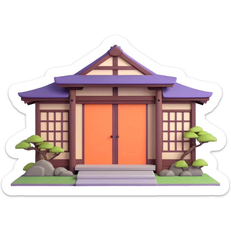 Traditional Japanese house with wooden beams, paper doors, tatami sticker