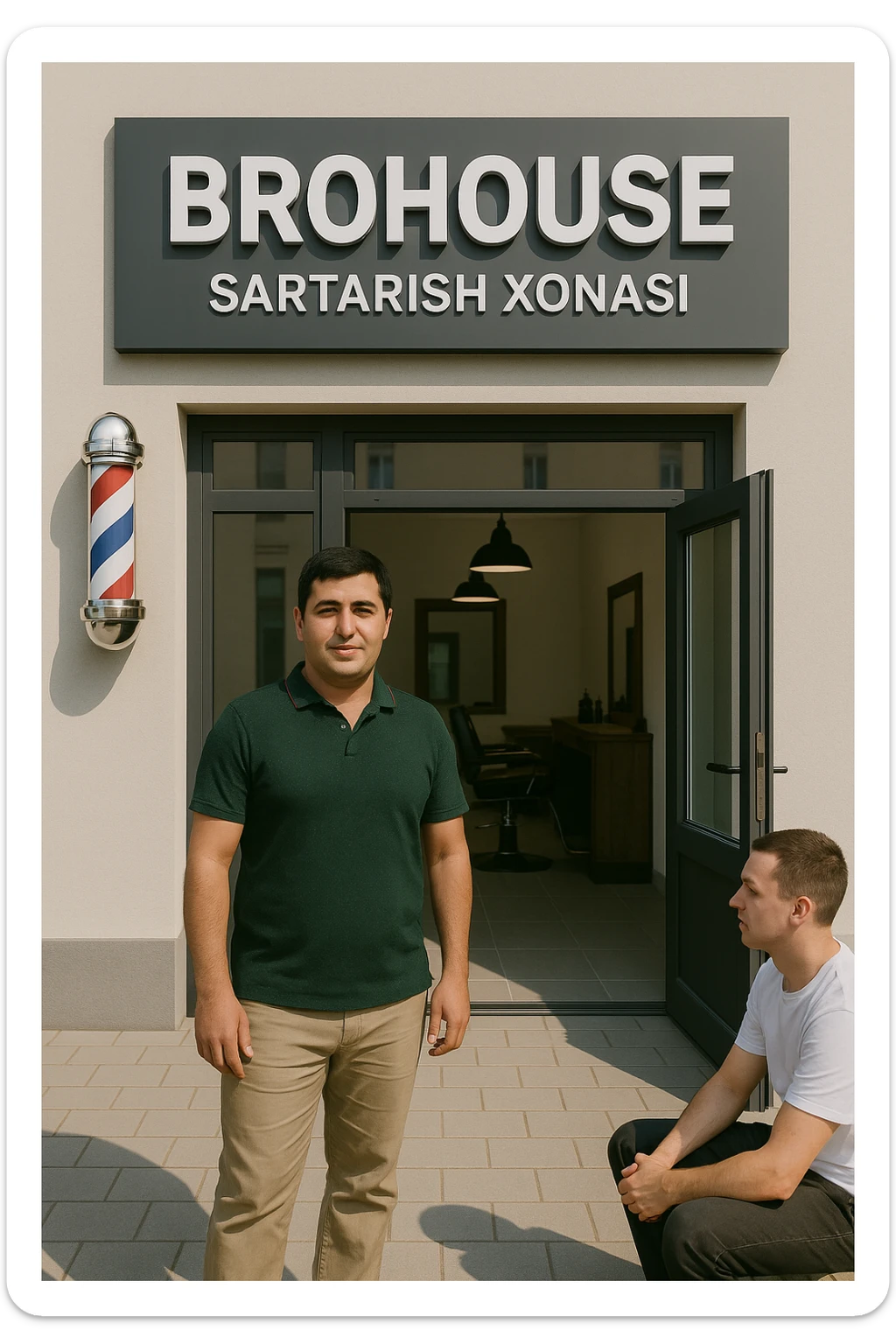 eni shu rasimga manashu odamga uxhshasin sartaosh eshik oldida tursin va tashqarida esa mijoz sticker