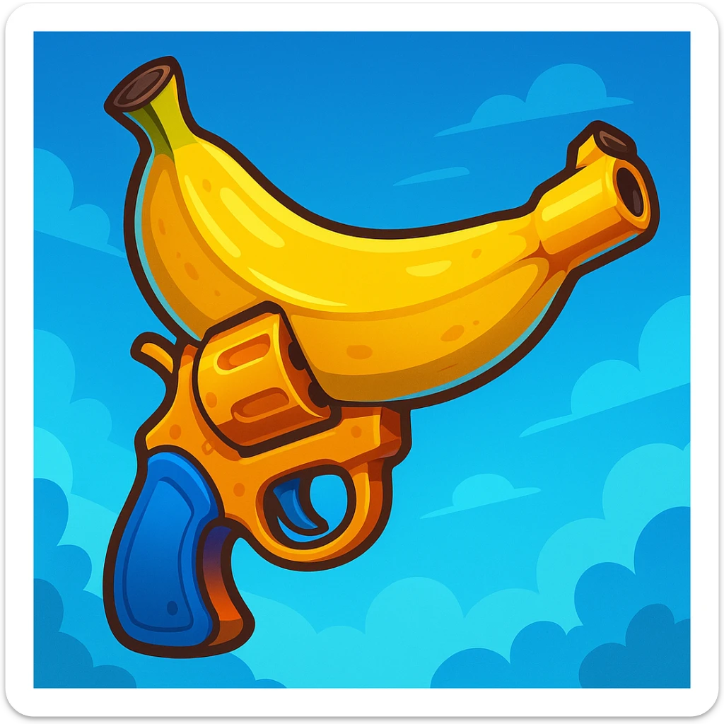 banana pistol in Fortnite style, exaggerated features, glossy finish, bright and saturated palette, whimsical and adventurous, stylized shading sticker