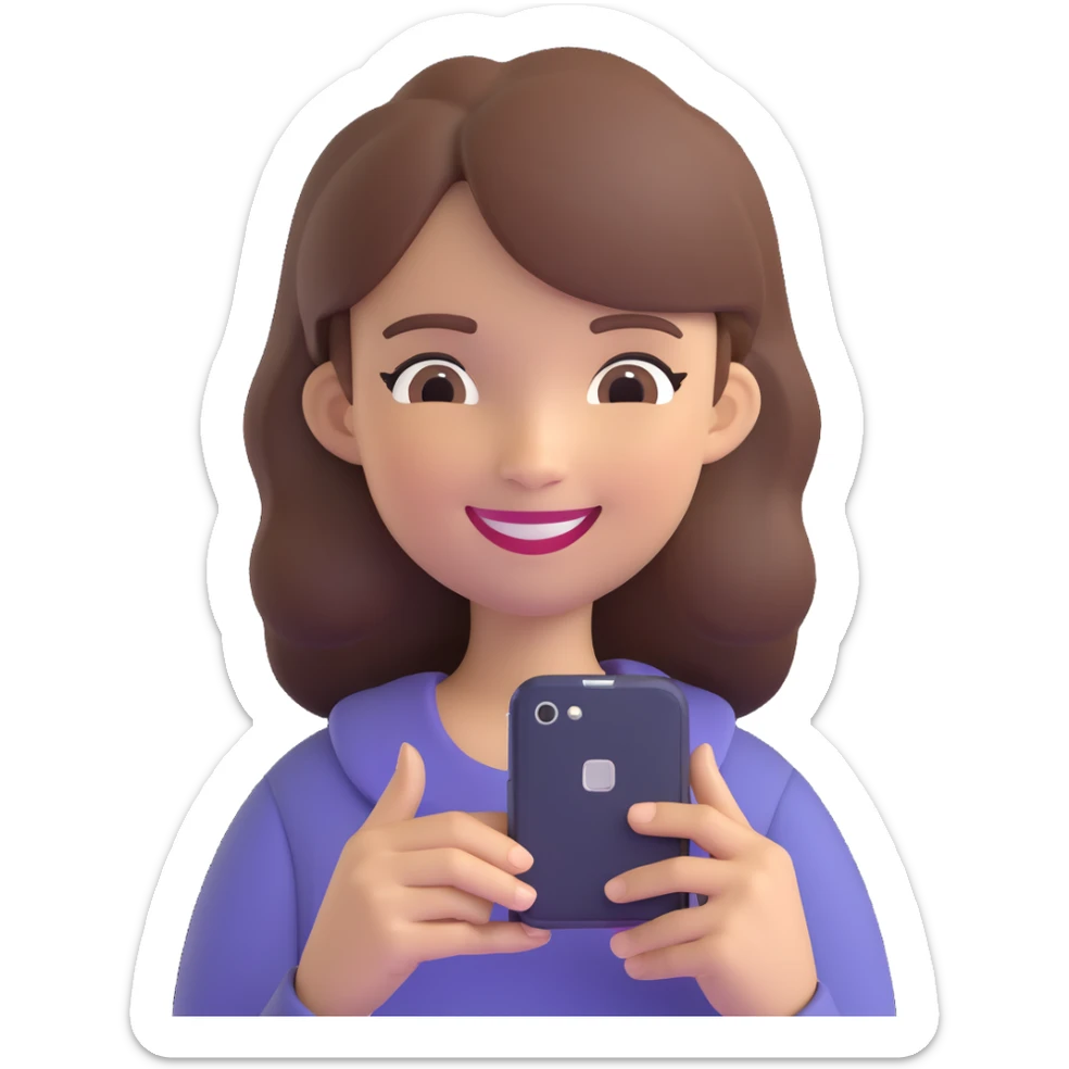 girl holding a smartphone, smiling, emoji style, with brown hair sticker