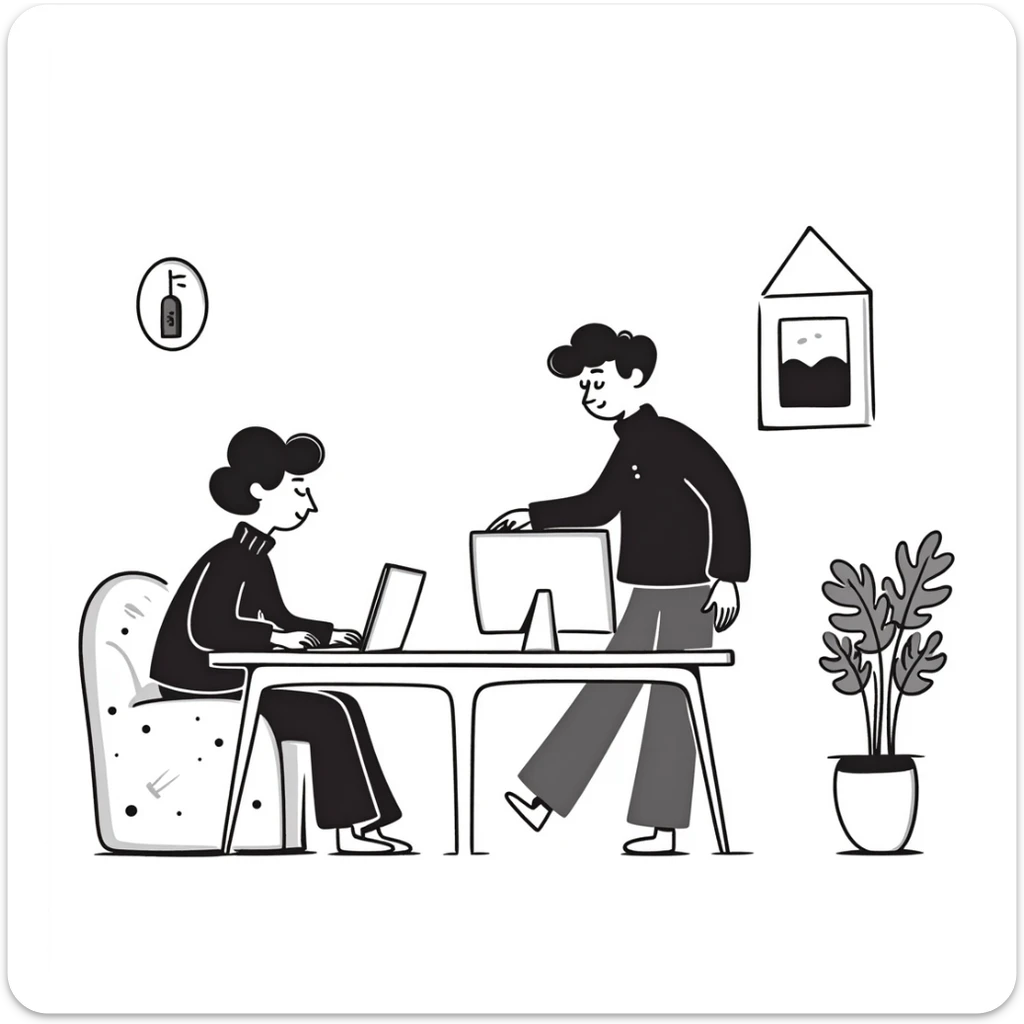 escenary 3d of a cozy mid-century living room with two people working on laptops, one man standing at a desk and one woman sitting on a couch, two walls and floor visible sticker