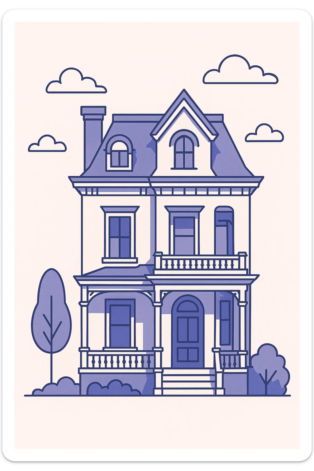 a white posh victorian house, simplified shapes, elegant, flat cartoon style sticker