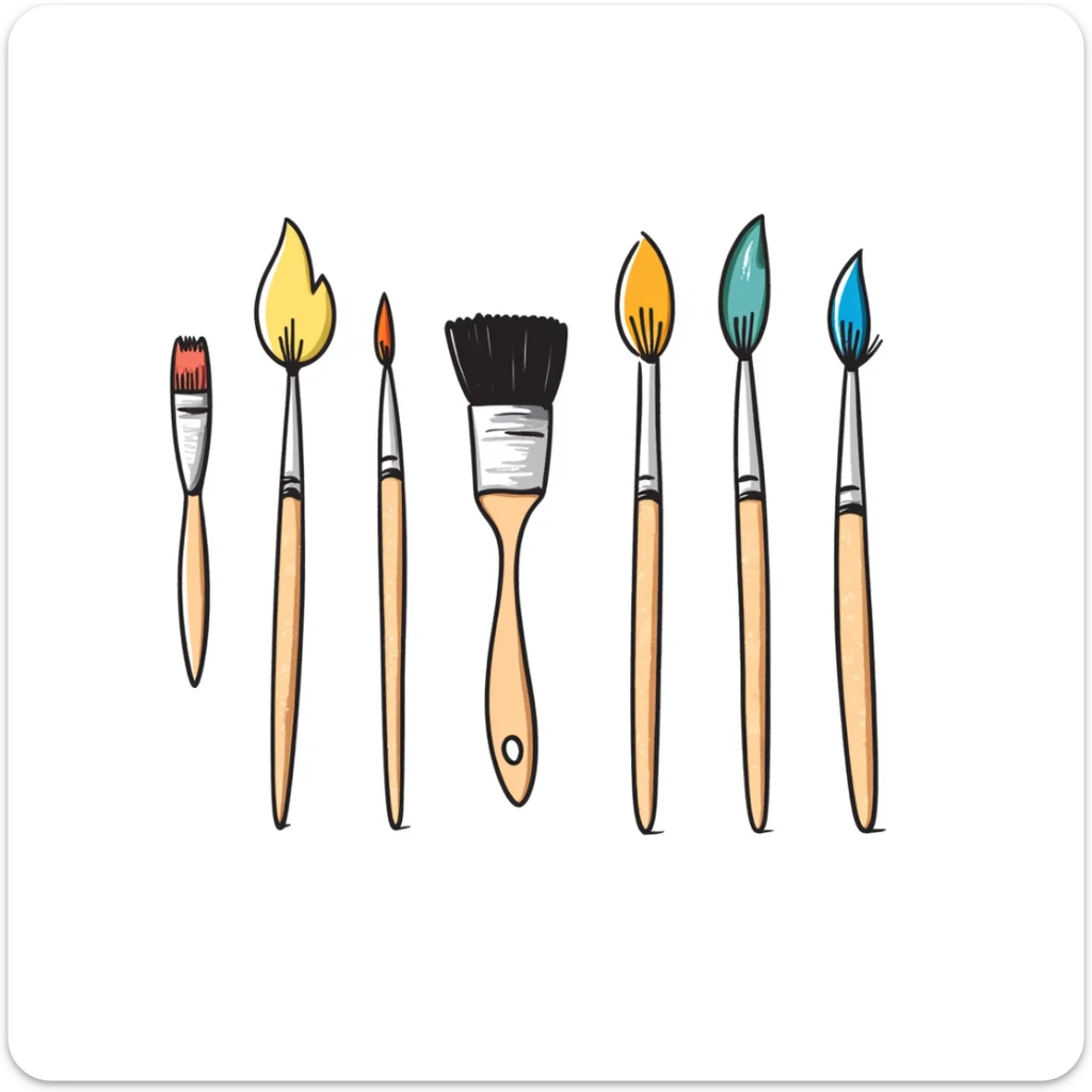Set of artist paintbrushes in different sizes and shapes with wooden handles and colorful bristles. Using specific pastel colors (dd9fb0, ffc6d3, a3bfc9, c4bee2, f1b091). Hand-drawn doodle style with intricate details. Some brushes have paint on their tips. Transparent background. sticker