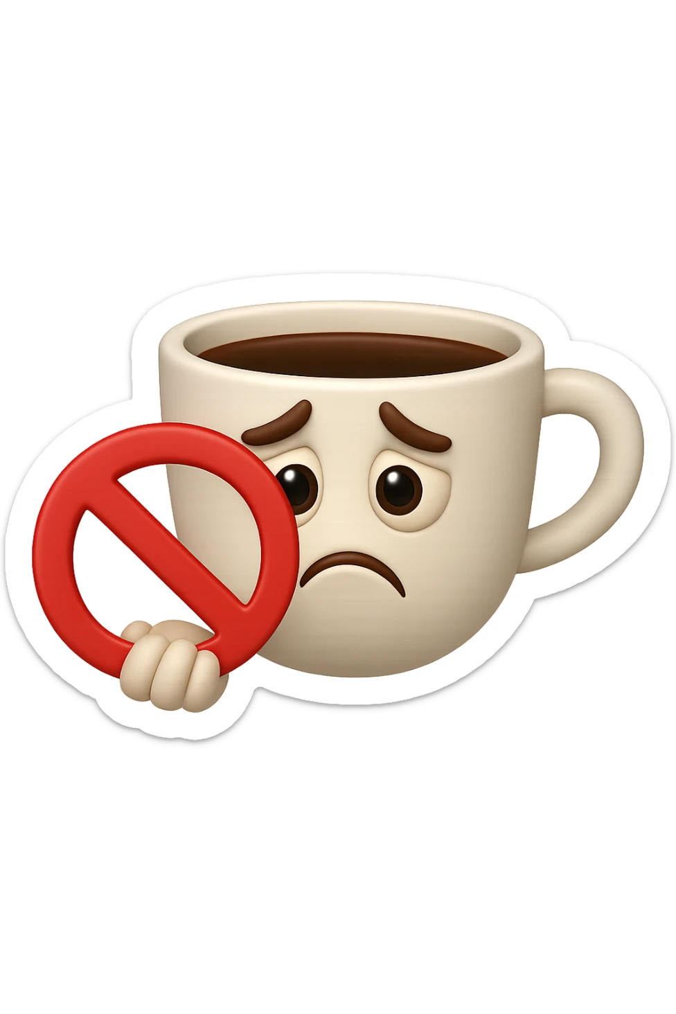 emoji stile iphone di una tazzina di caffè con espressione triste in volto mentre tiene un divieto in mano, iperrealistico 4k sticker