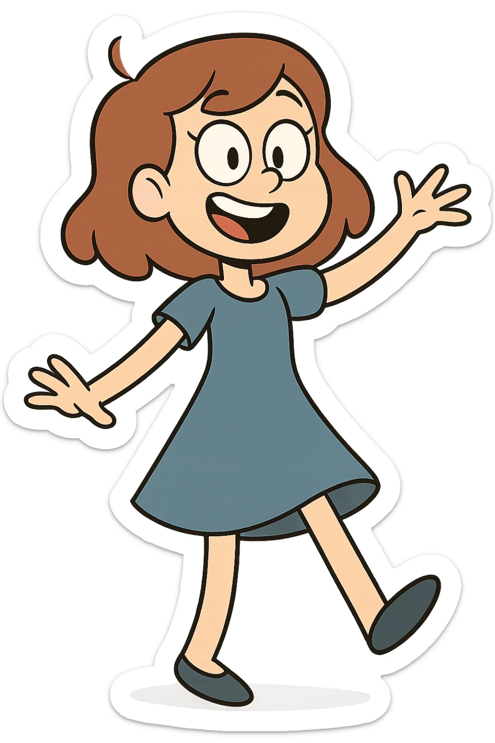 girl wearing blue dress, cheerful, cartoon style sticker
