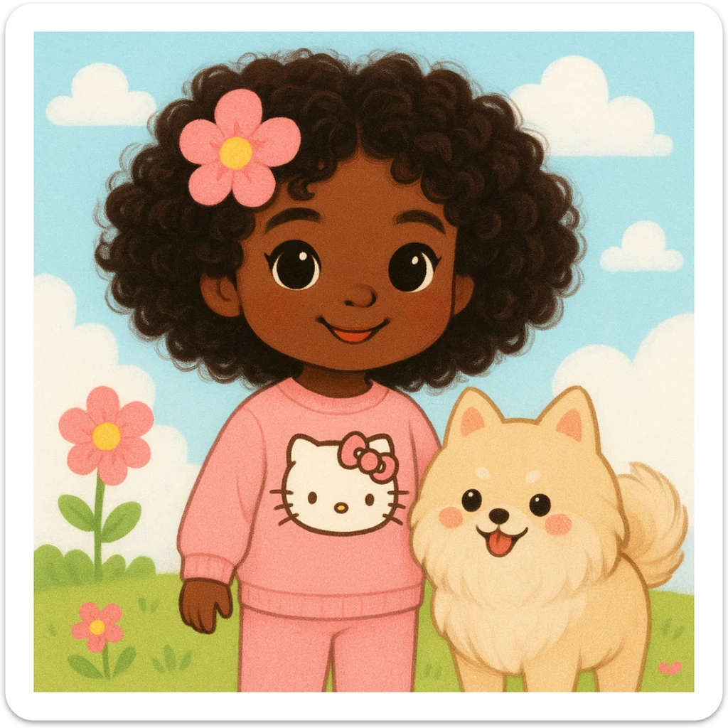 girl with very dark brown curly hair, black eyes, brown skin, wearing a pink Hello Kitty outfit, with a pink flower on her head, accompanied by a beige Pomeranian dog sticker