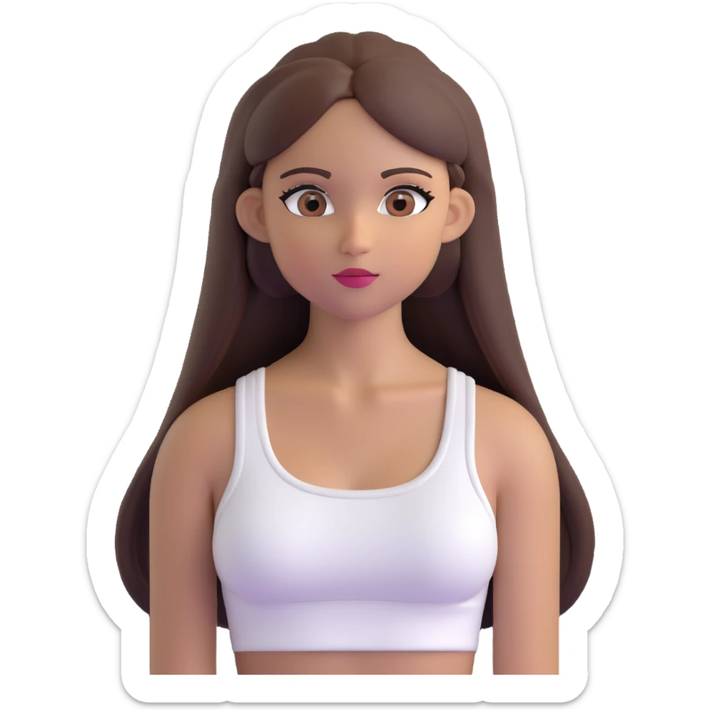 beautiful girl, long straight brown hair, brown eyes with lashes, wearing a white crop top, tan skin sticker
