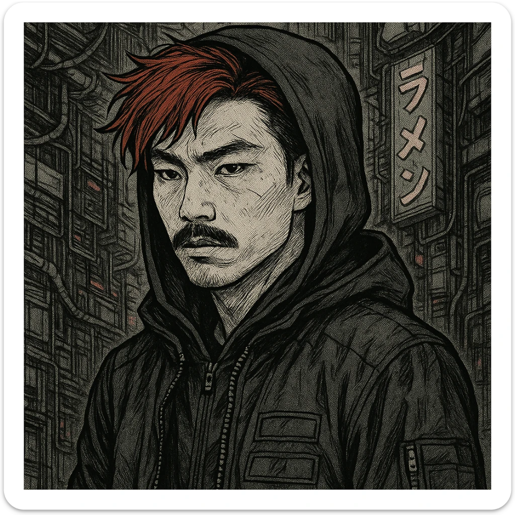 Asian man with black mustache, red hair, black hoodie, Japanese manga style inspired by Ghost in the Shell, cyberpunk atmosphere, detailed linework, monochrome with subtle color accents sticker