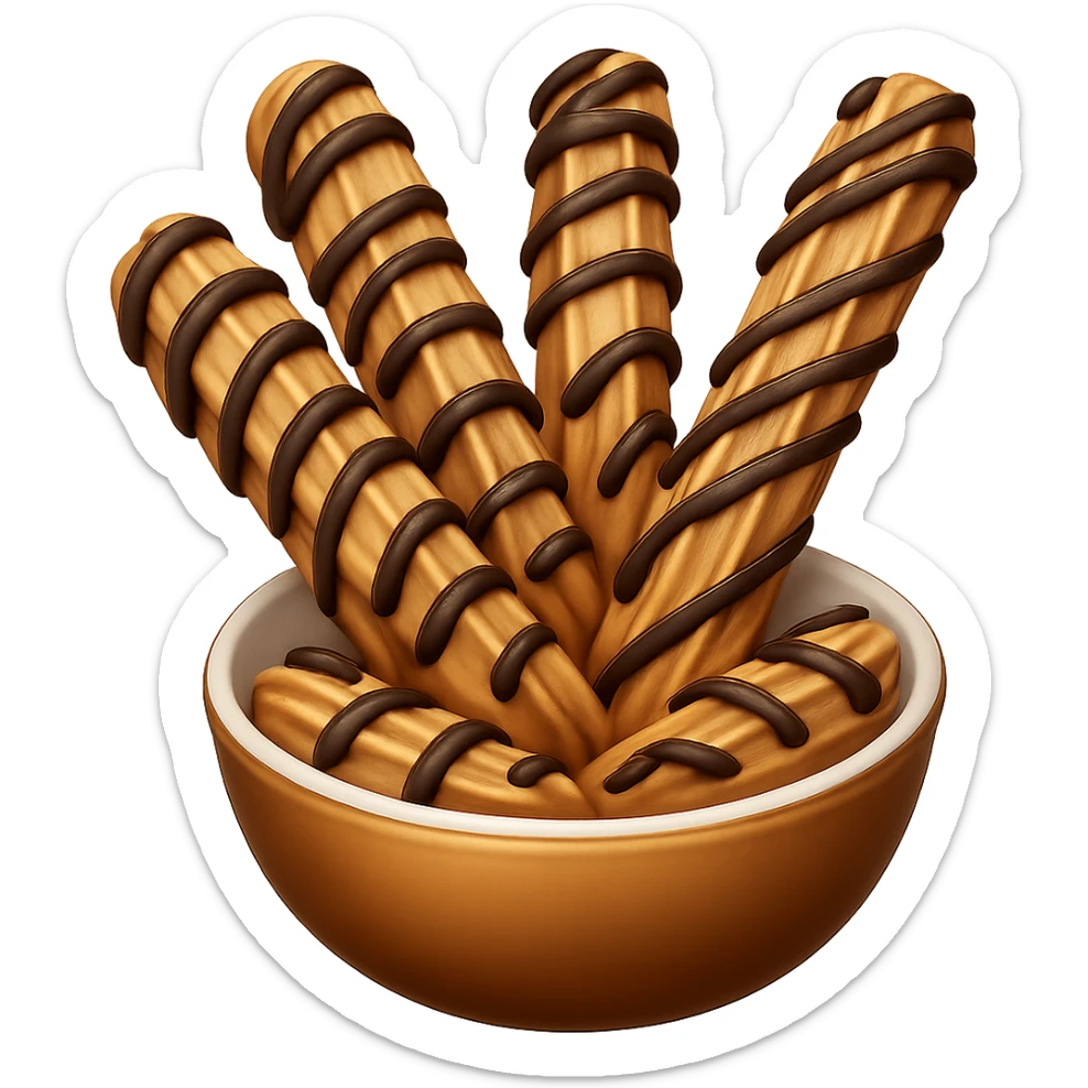 Add chocolate drizzle on top of the crispy golden churros. Keep the background transparent. Maintain the original style and look of the churros. sticker