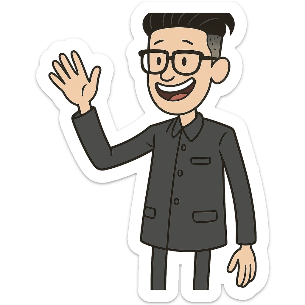 skinny cartoon version of Kim Jong Un, waving, wearing dark suit, cheerful and friendly, fun cartoon style sticker