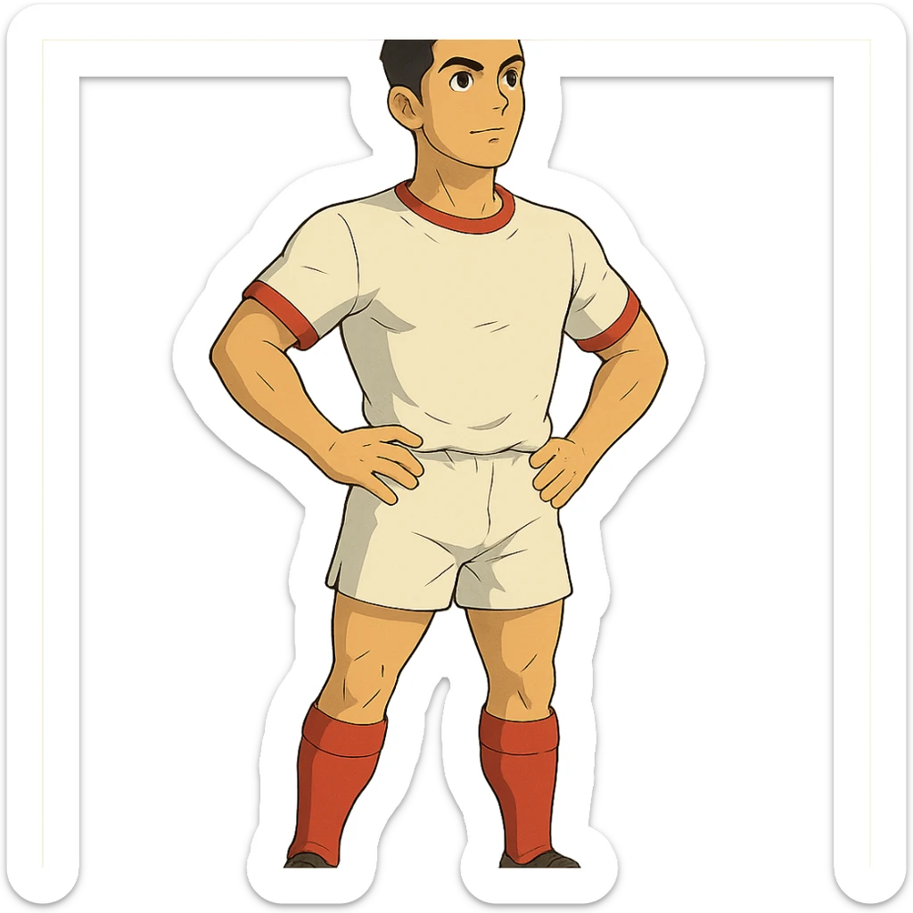 ghibli style soccer player with athletic build, short dark hair, inspired by Cristiano Ronaldo sticker