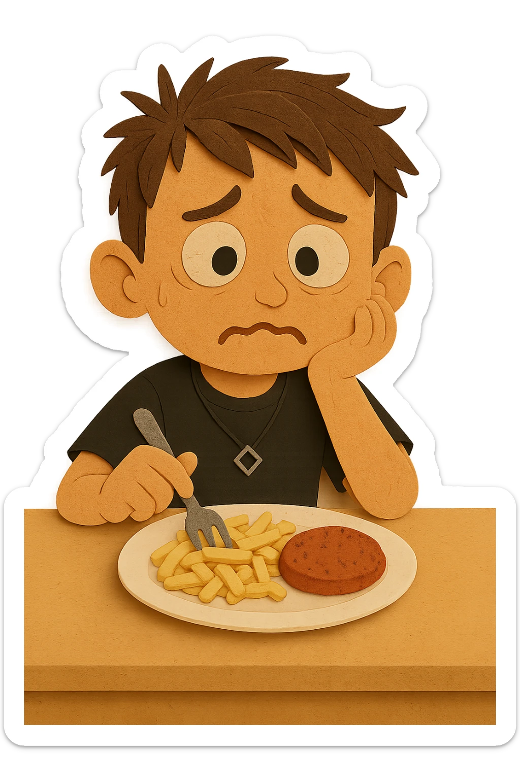 now looks slightly worried. He was told that if he doesn’t eat protein, he might not grow up. He sits at the same table, looking at the meat patty with concern, his expression a mix of hesitation and fear sticker
