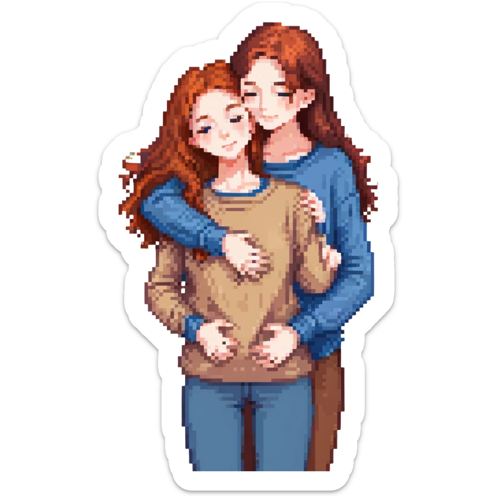 A red-haired girl in a beige blouse hugging a brunette in a blue sweater, vibrant colors sticker